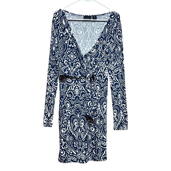 Cynthia Rowley Dresses & Skirts - Cynthia Rowley Womens Medium M Blue White Faux Wrap Long Sleeve Knit Dress Vneck